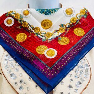 Unsed Celine , Cotton/Silk Mini Scarf 19" navy blue burgendy gold coin logo (38)